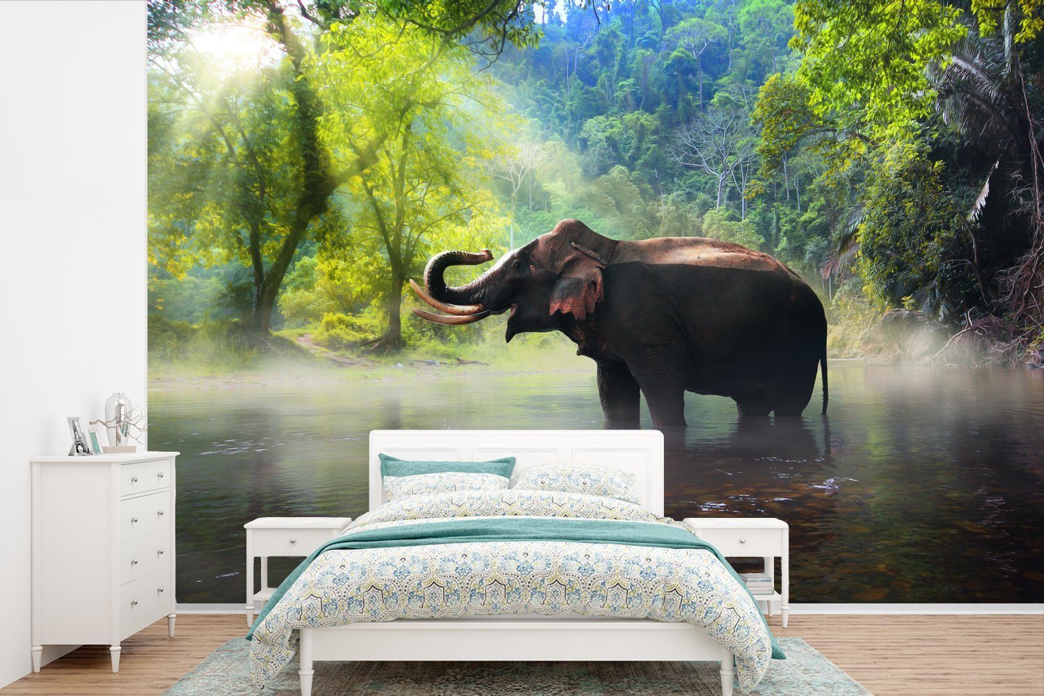 MuchoWow Fototapete Elefant - Wasser - Natur, Matt, bedruckt, (6 St), Wallpaper für Wohnzimmer, Schlafzimmer, Kinderzimmer, Vinyl Tapete