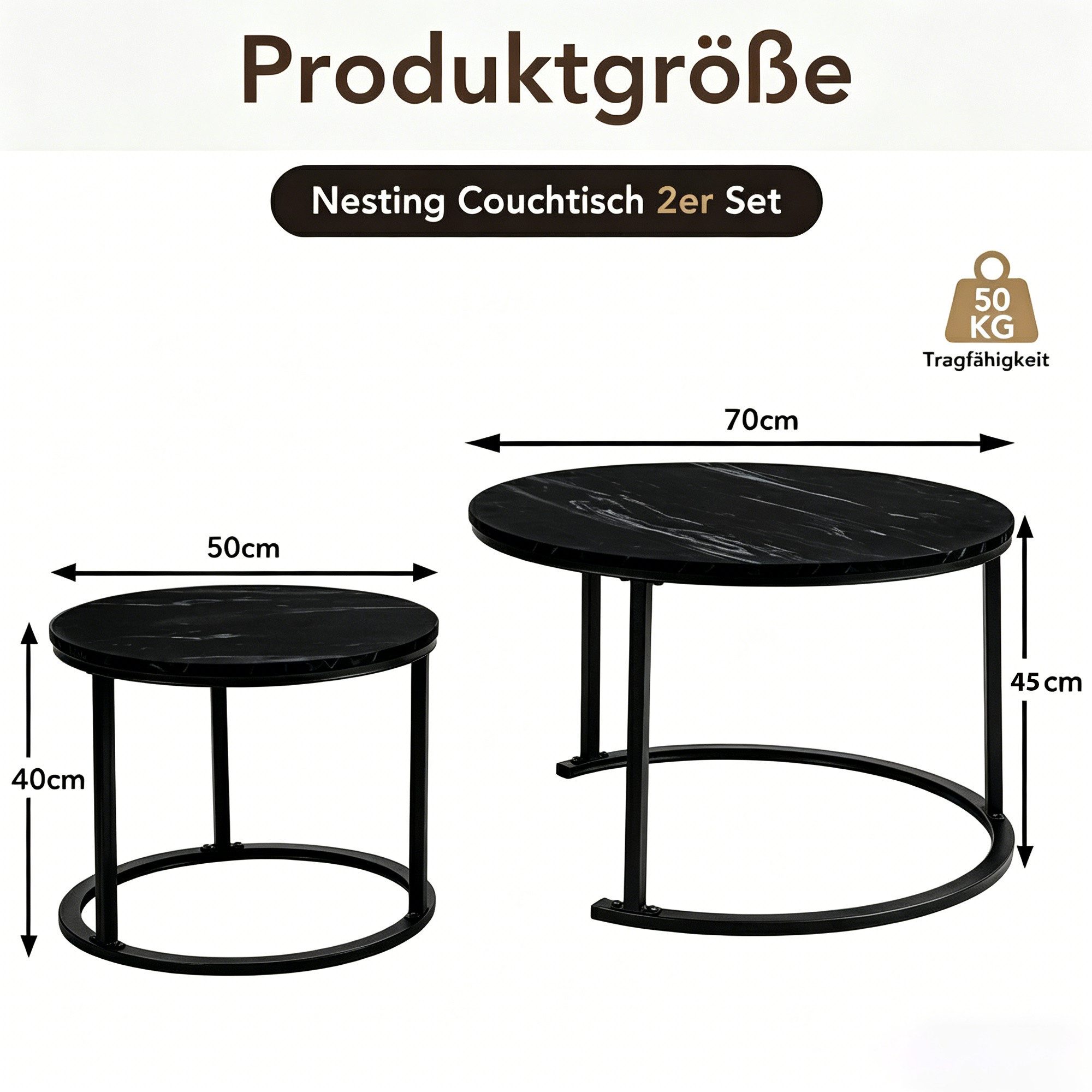 BIGTREE Couchtisch 2er Set Wohnzimmertisch Set Rund Wohnzimmer Tisch (2-St., 2er-Set), 70x70x45 cm und 50x50x40 cm