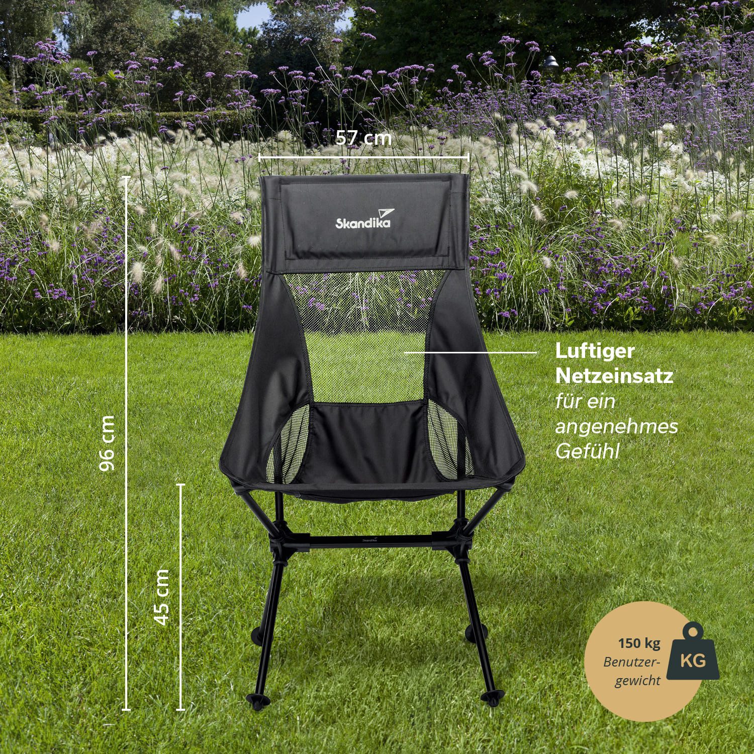 Skandika Campingstuhl Compact, Klappstuhl, Gartenstuhl, Faltstuhl, Outdoor, Balkon (Organizer-Tasche, Cool-Mesh-Einsätze, Kunststofffüße mit Schutztellern), bis 150 kg, klein, leicht, Anglerstuhl, stabil, gepolstert, Camping