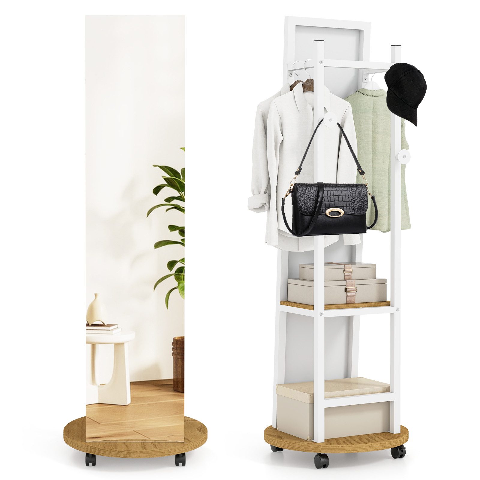 COSTWAY Kleiderständer, mit Ganzkörperspiegel 2in1, Standspigel, mit Ablage