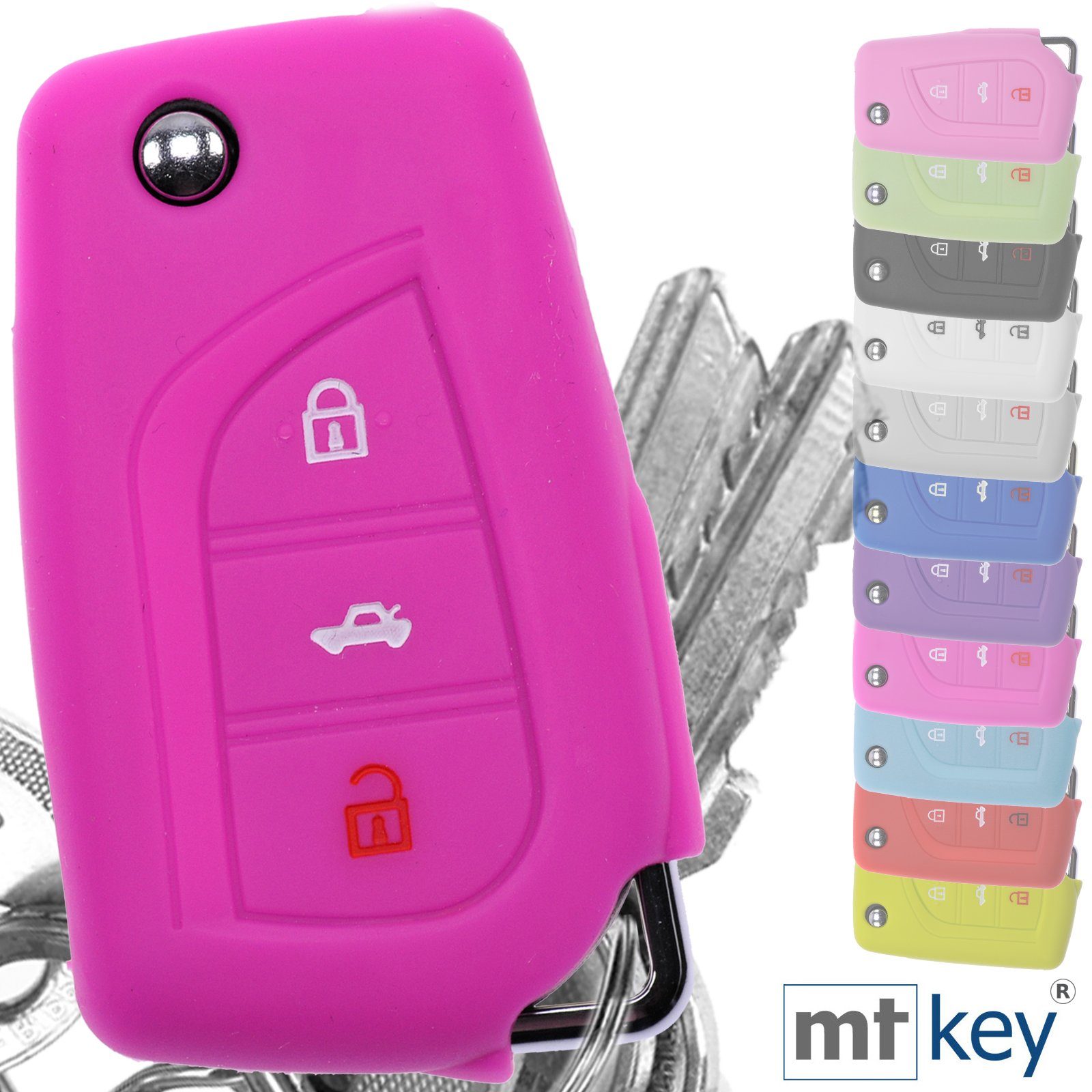 mt-key Schlüsseltasche Autoschlüssel Softcase Silikon Schutzhülle Pink, für Toyota AURIS Corolla Avensis 3 Tasten Klappschlüssel