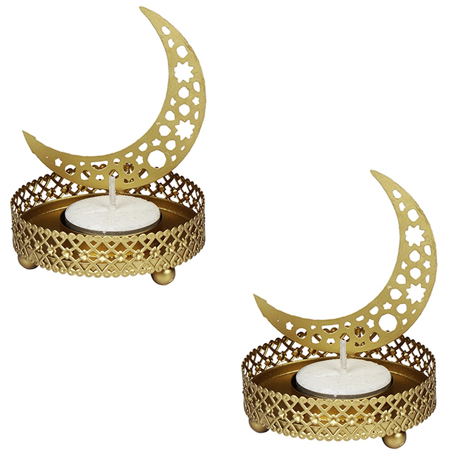 Marrakesch Orient & Mediterran Interior Teelichthalter 2er Set Teelichthalter Mond aus Metall in Gold orientalisch 8 cm Deko (2 St), Handarbeit