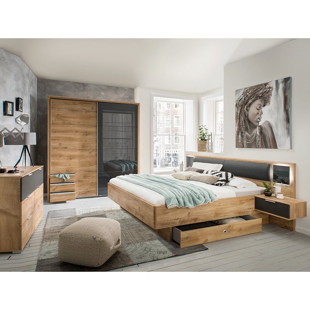 Lomadox Schlafzimmer-Set VIESTE-43, (Spar-Set, 5-tlg), mit Bett 180x200, graphit mit Eiche