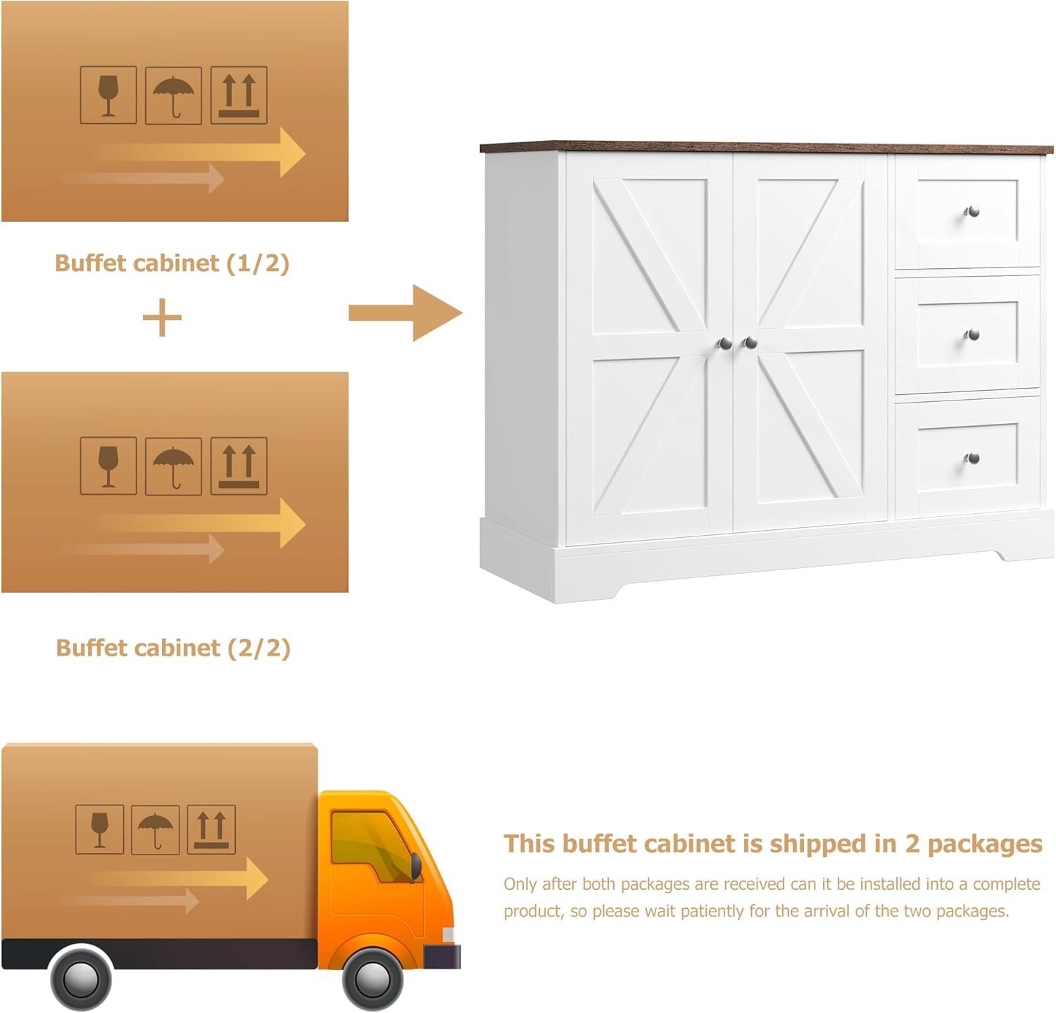 HOMECHO Sideboard, Küchenschrank mit Arbeitsplatte, Buffetschrank Weiß & Braun
