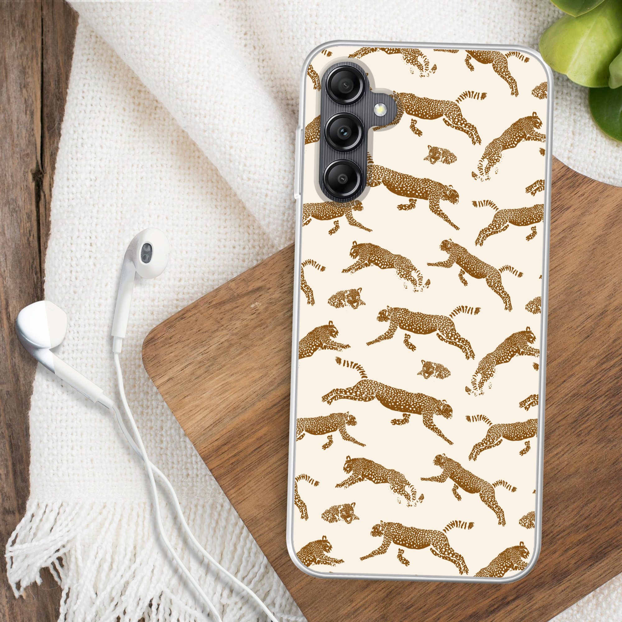 MuchoWow Handyhülle für Samsung Galaxy A14 5G Panther - Tiere - Beige - Braun - Muster, Smartphone-Bumper, Print, Handy Schutzhülle Dünn