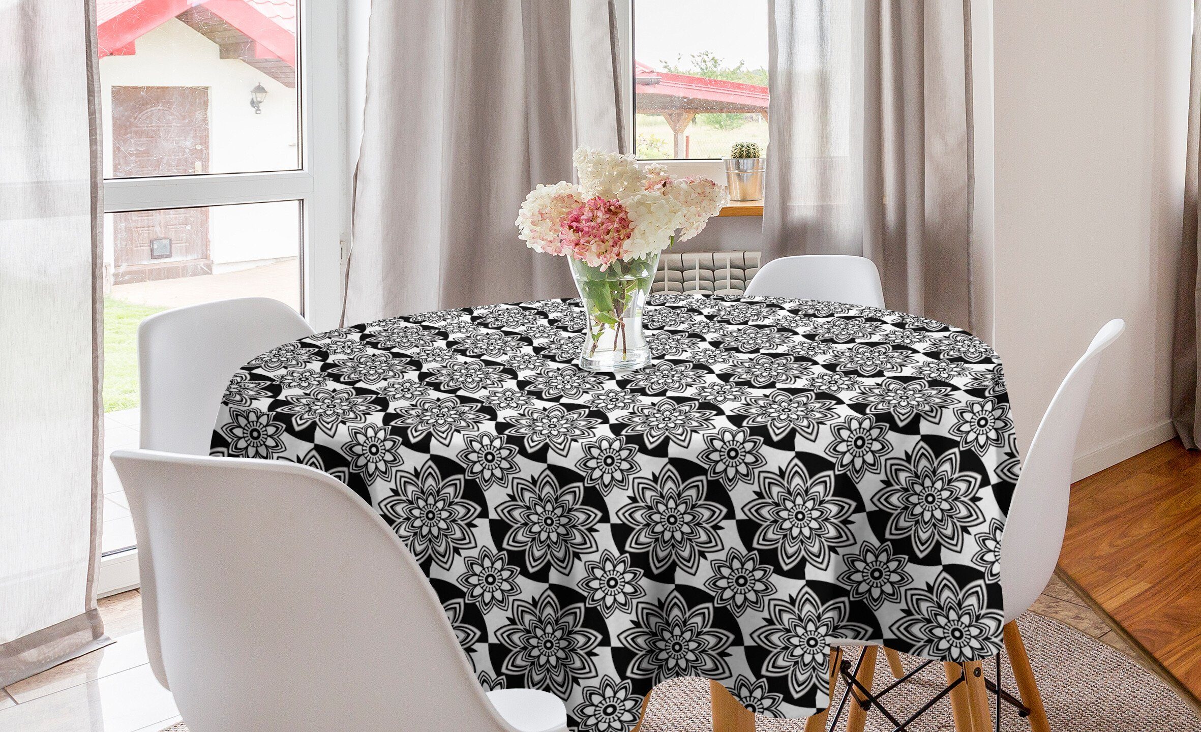 Abakuhaus Tischdecke Kreis Tischdecke Abdeckung für Esszimmer Küche Dekoration, Blumen Monochrome Ansicht von oben Blumen