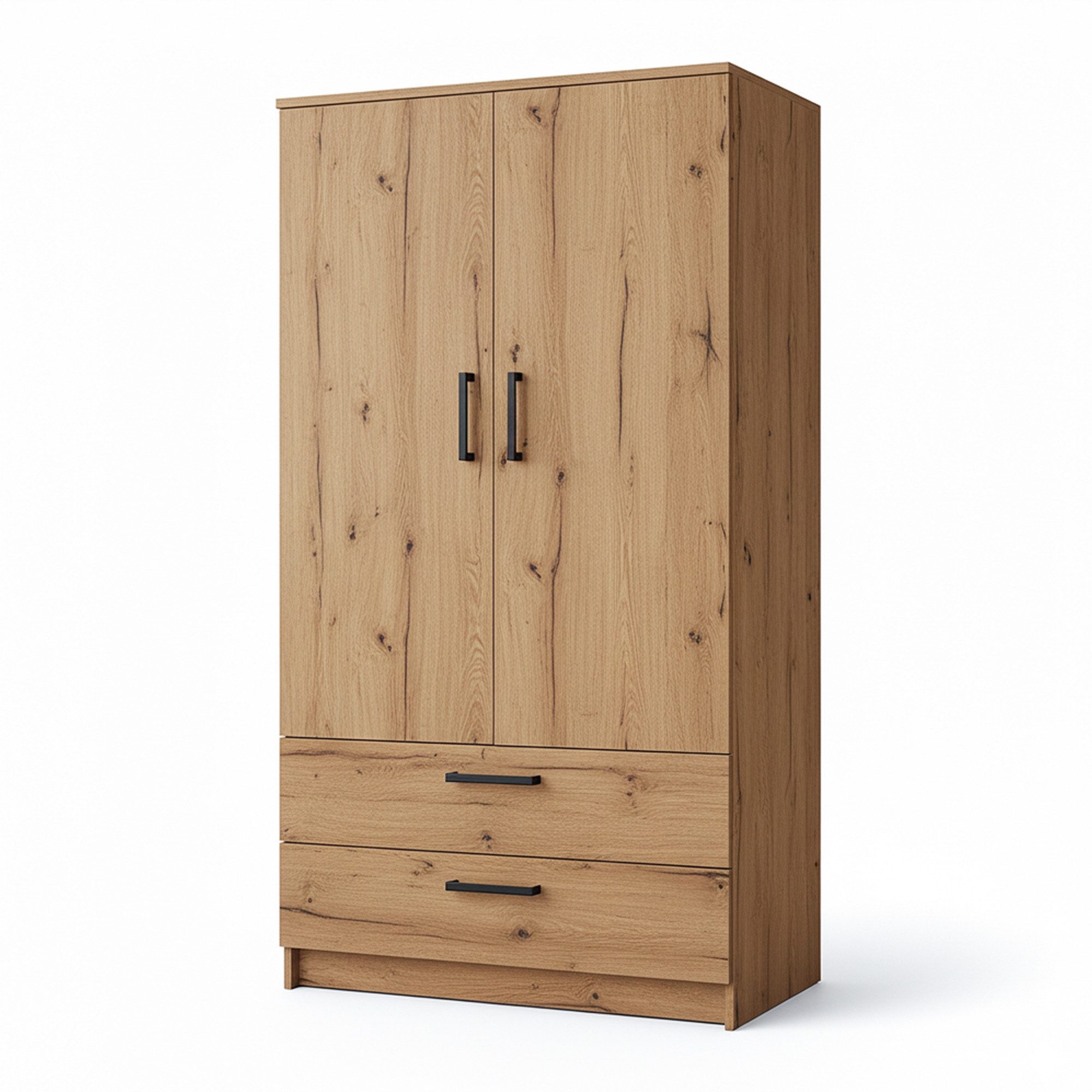 Masseno Drehtürenschrank DOVI 90 cm Kleiderschrank 2 Türen und 2 Schubladen Eiche Artisan
