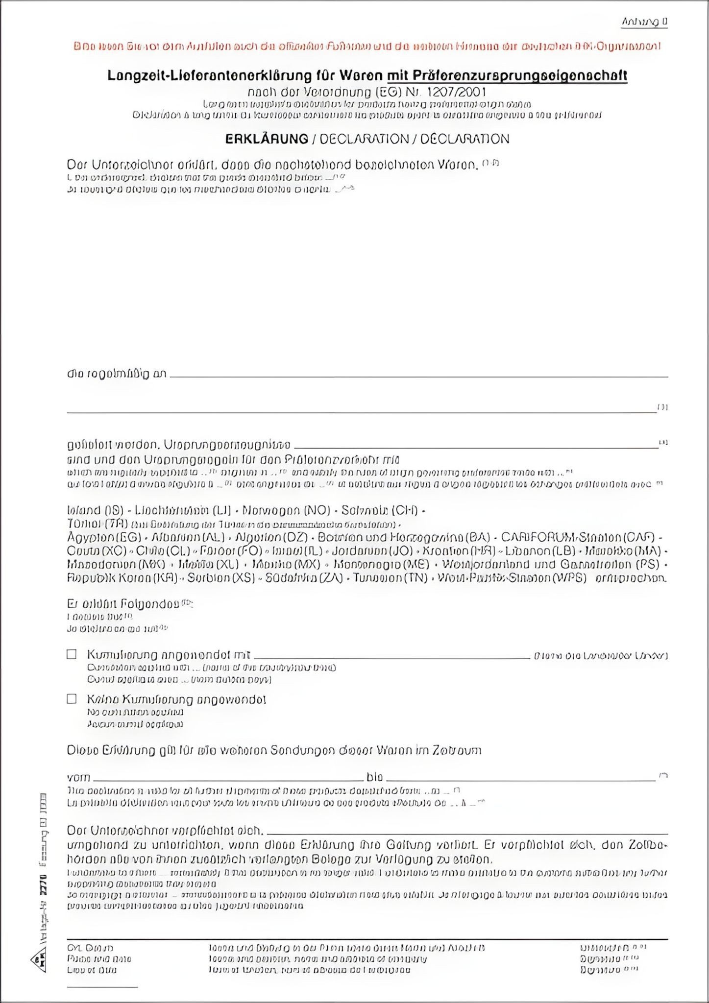 RNK Formularblock RNK Lieferantenerklärung Präferenz A4