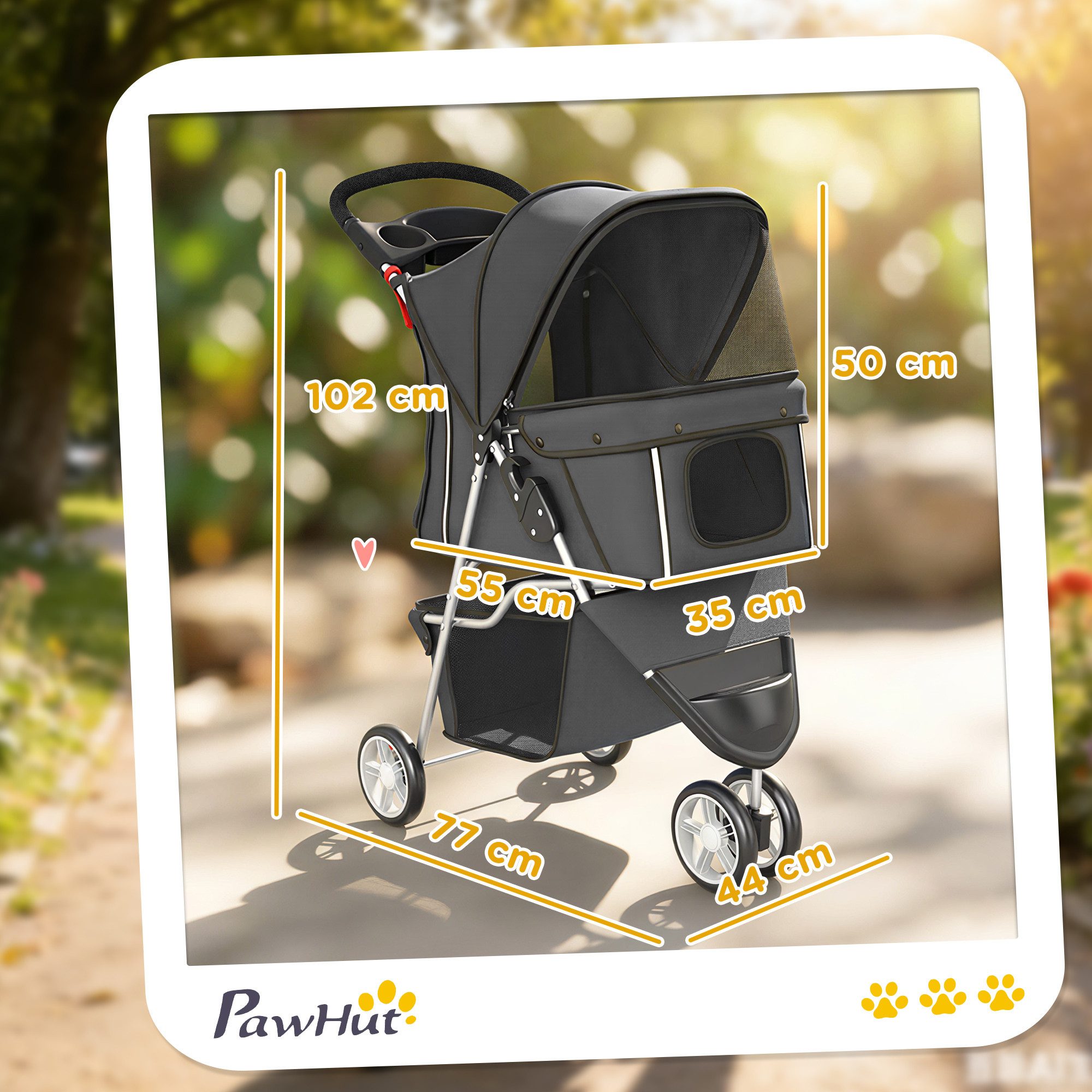 PawHut Hundebuggy Katzenwagen mit verstellbar Verdeck Aufbewahrungskorb Getränkehalter, (Faltbar Hundewagen, 1-tlg), für kleine Hunde bis 10kg, Dunkelgrau