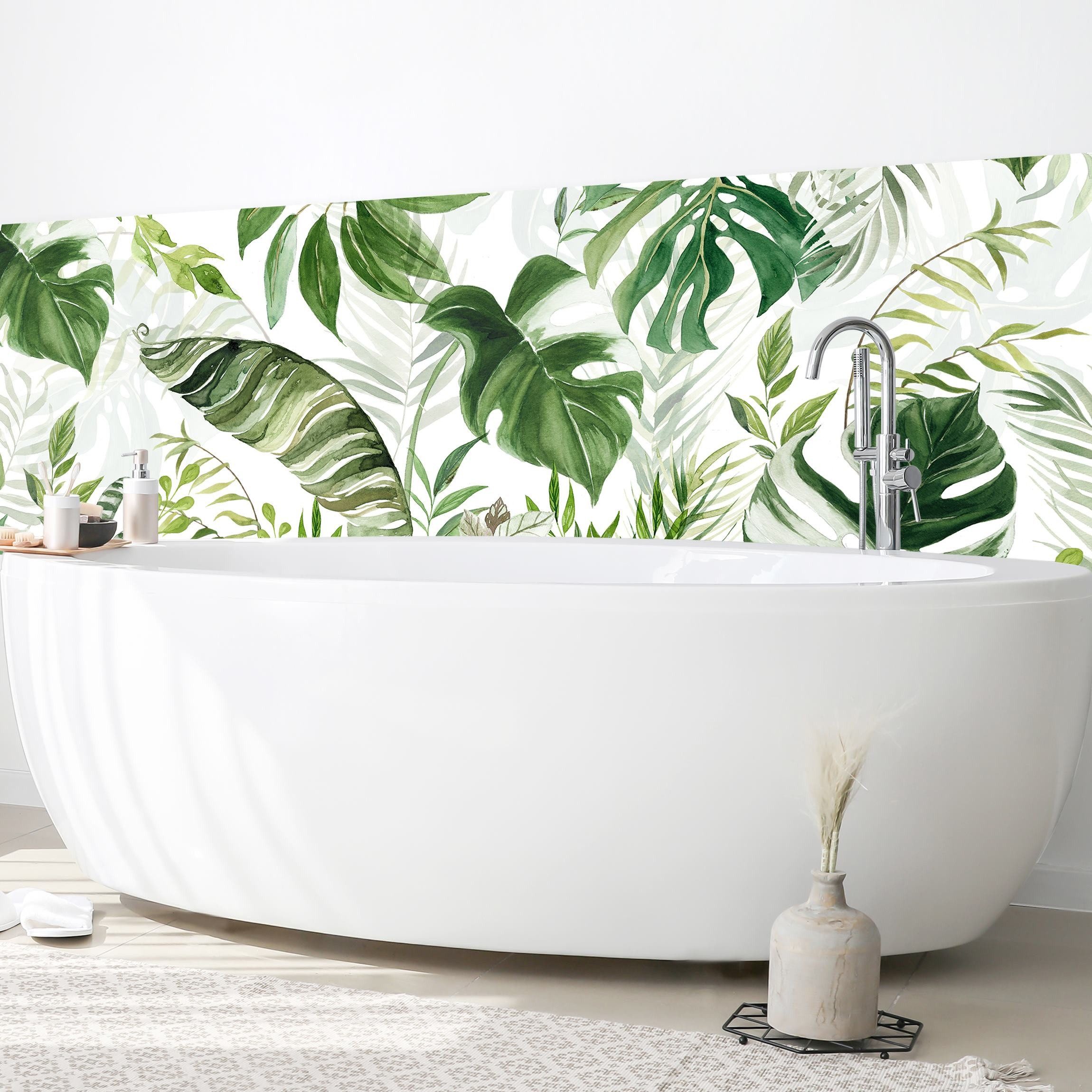 Bilderdepot24 Badrückwand grün fugenlose Wandverkleidung Bad Tropisch, (Hartfolie matt » Selbstklebend SMART 0,35 mm), wasserfestes Wandpaneel Tropische Blätter Ranken-