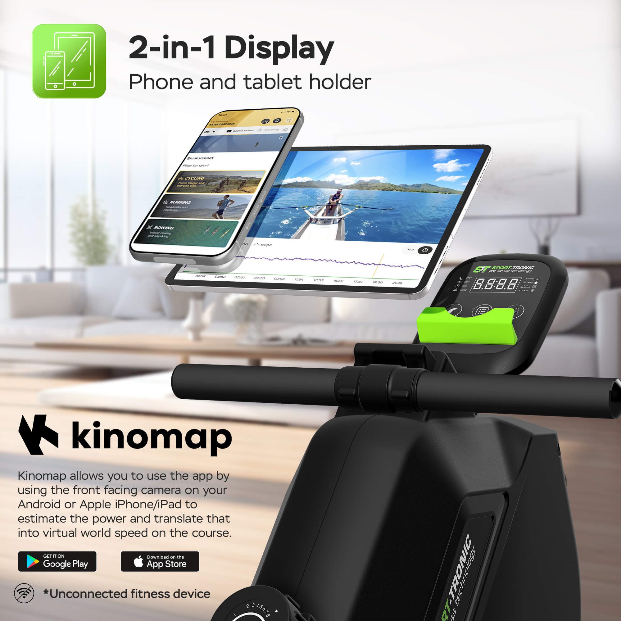 TurboTronic by Z-Line Rudergerät Leises Magnet Doppelgleitschienen-Rudergerät mit 16 Widerstandsstufen (Profi-Fitnesstechnologie, 1-tlg., 90 % Muskelaktivierung), Ganzkörpertraining bis 120 kg Tablet-Halterung & LCD-Computer