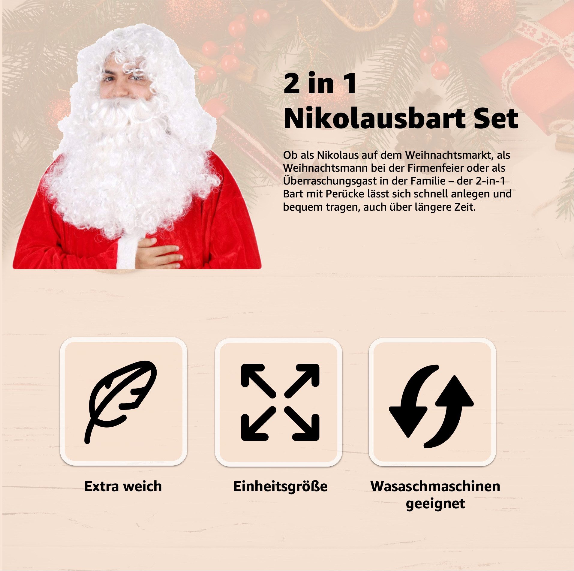 happymas Kostüm-Perücke 2 in 1 - Nikolausbart Set - als Verkleidung für Weihnachtsmann