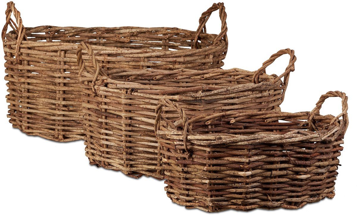 relaxdays Flechtkorb Mand Set 3 - Geflochten - Rechteckig - Weinstockholz - Griffe (Set, 3 St., 3er-Set), mit Handgriffen