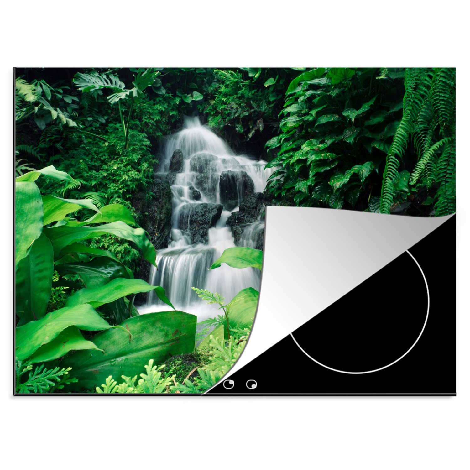 MuchoWow Herdblende-/Abdeckplatte Wasserfall in einem botanischen Garten, Vinyl, (1 tlg), 70x52 cm, Mobile Arbeitsfläche nutzbar, Ceranfeldabdeckung