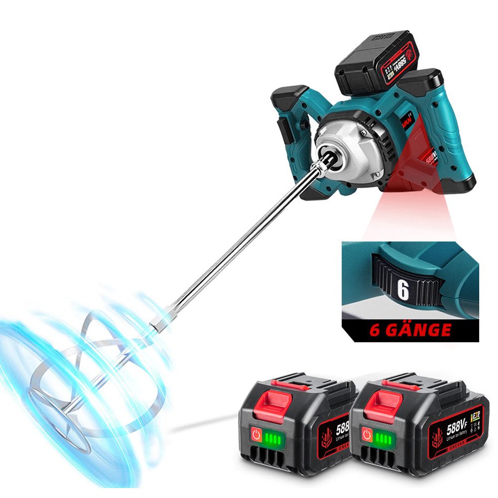 ONEVAN Rührwerk Akku-Betonrührer 65Nm Brushless Farbmörtelrührer mit 2 x Akkus, 900 W, Ø 14 mm, 6-Gang-Getriebe Rührwerk für Beton, Farbe, Zement