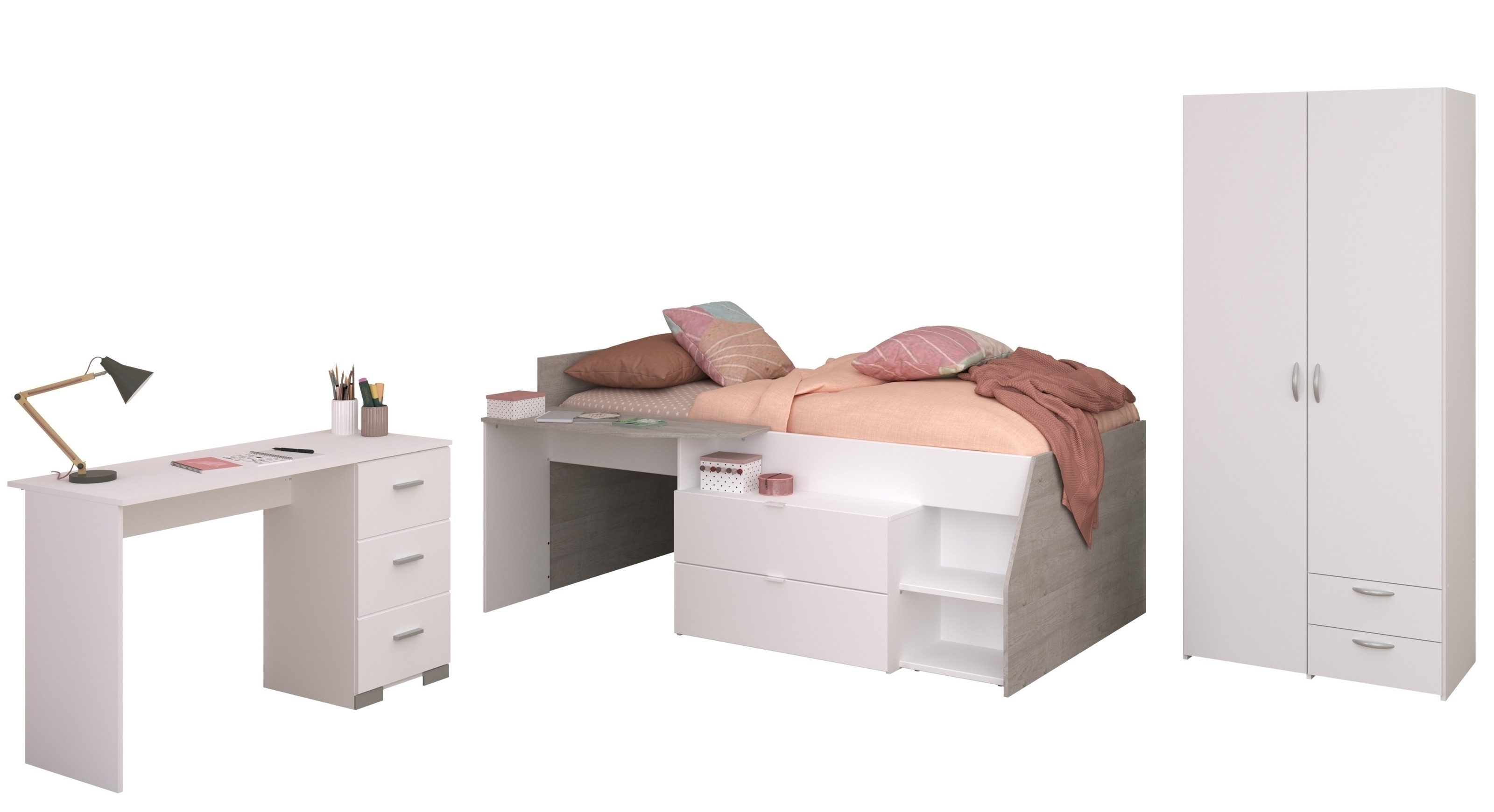 Parisot Jugendzimmer-Set Parisot Milky 13, 3-teilig, Bett, Kleiderschrank, Schreibtisch, in Weiss / Grey Loft