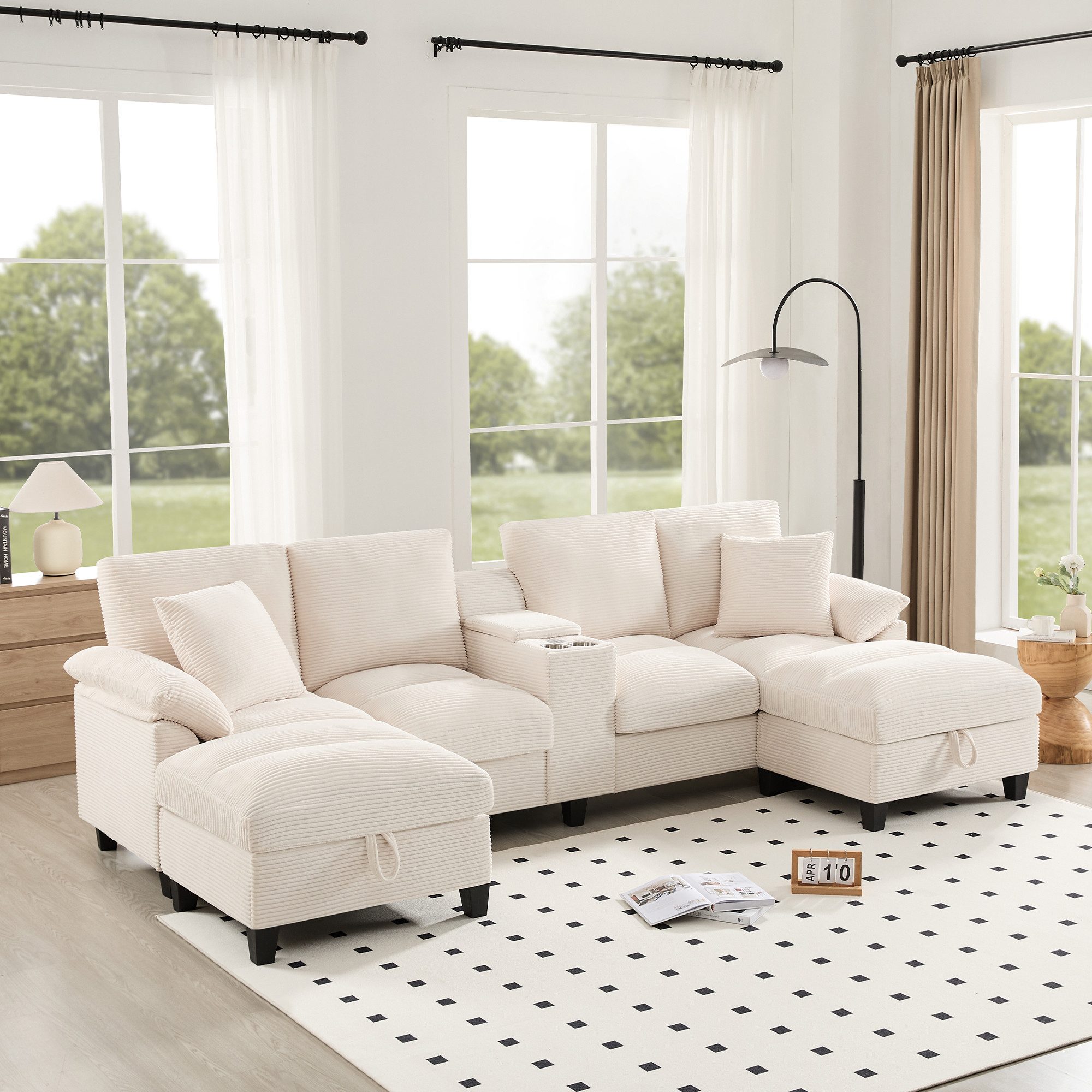 OKWISH Schlafsofa 4-Sitzer-Sofa in U-Form mit Stauraum, Set 1 Teile, mit Kissen, Getränkehaltern aus Edelstahl und zwei USB-Anschlüssen