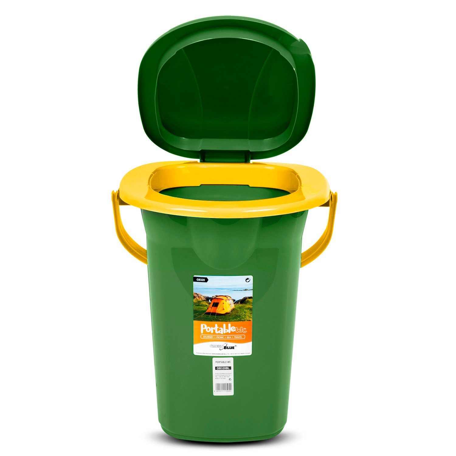GreenBlue Campingtoilette GB320 Tragbarer Toiletten-Eimer mit Tragegriff 19L, Toilettenpapierhalter, Auskipp-Hilfe für Camping, Wohnwagen, Boot