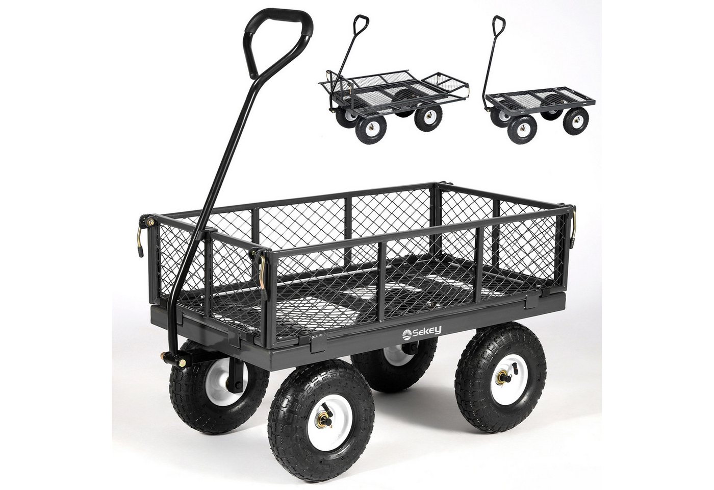 Sekey Bollerwagen Gartenwagen Gerätewagen Garten Plattformwagen mit Vollgummi-Luftreifen, 100 Liter – ECHT 300 KG Schubkarre mit abnehmbaren Seitenteilen