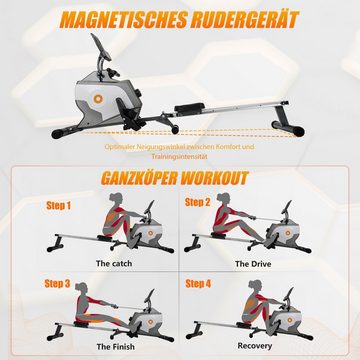 SOFTWEARY Rudergerät Ruderzugmaschine mit 8-stufigen Magnetwiderstand, Ruderschiene platzsparend hochklappbar