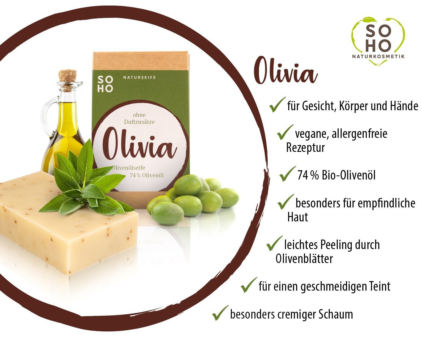 Peelingseife Gesichtsseife allergenfrei, Naturkosmetik mit Olivia SOHO 74 Olivenöl %
