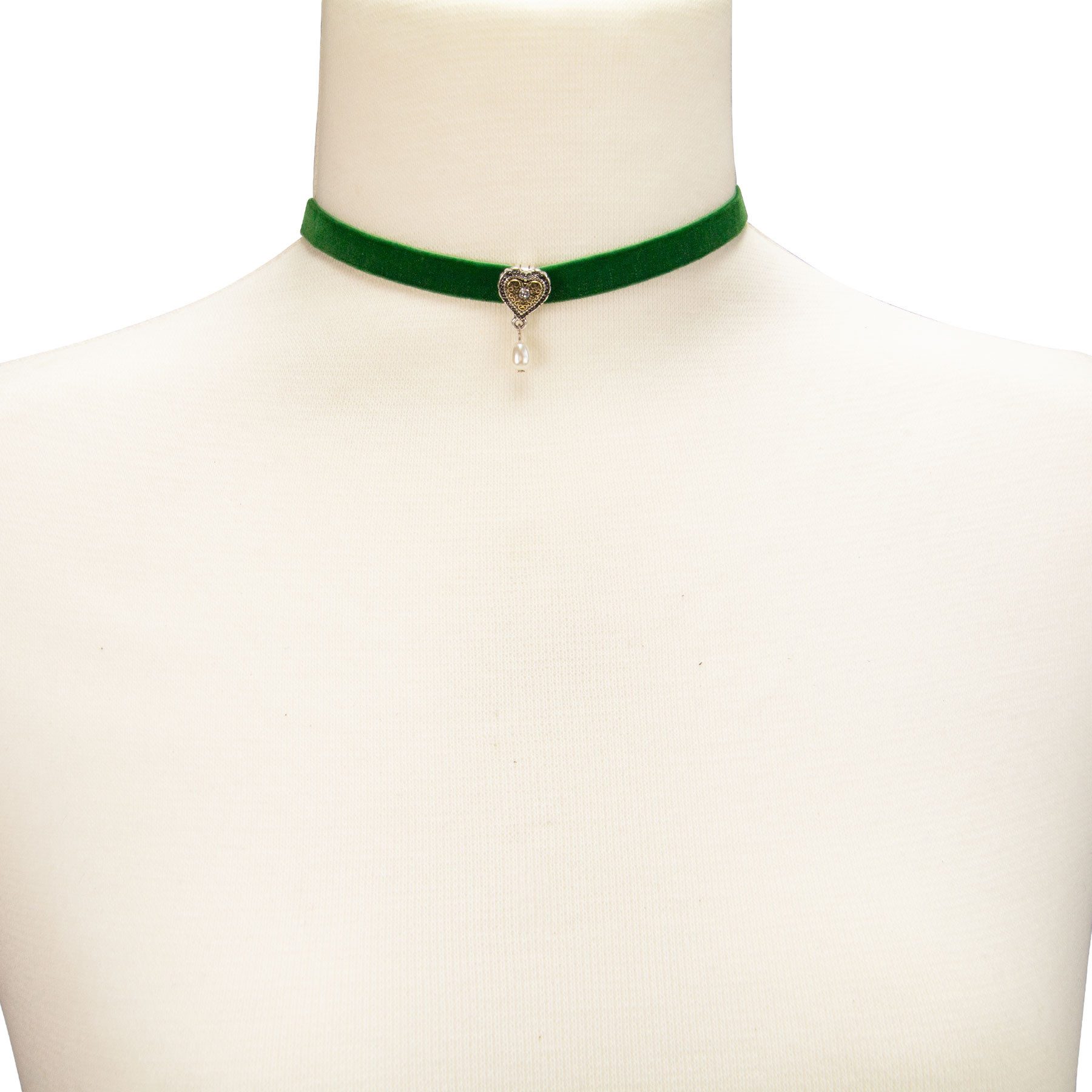 Alpenflüstern Choker Trachten-Samtkropfband Trachtenherz mit Tropfenperle (waldgrün), - Trachtenkette enganliegend, Kropfkette elastisch, Damen-Trachtenschm – Bild 3 von 3