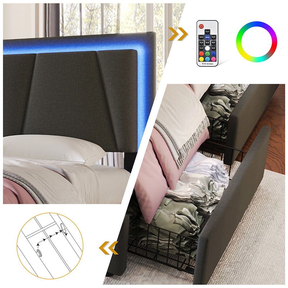 Polsterbett (Stauraumbett, mit Matratze), Einzelbett 90x200cm mit LED-Beleuchtung und 2 Schubladen