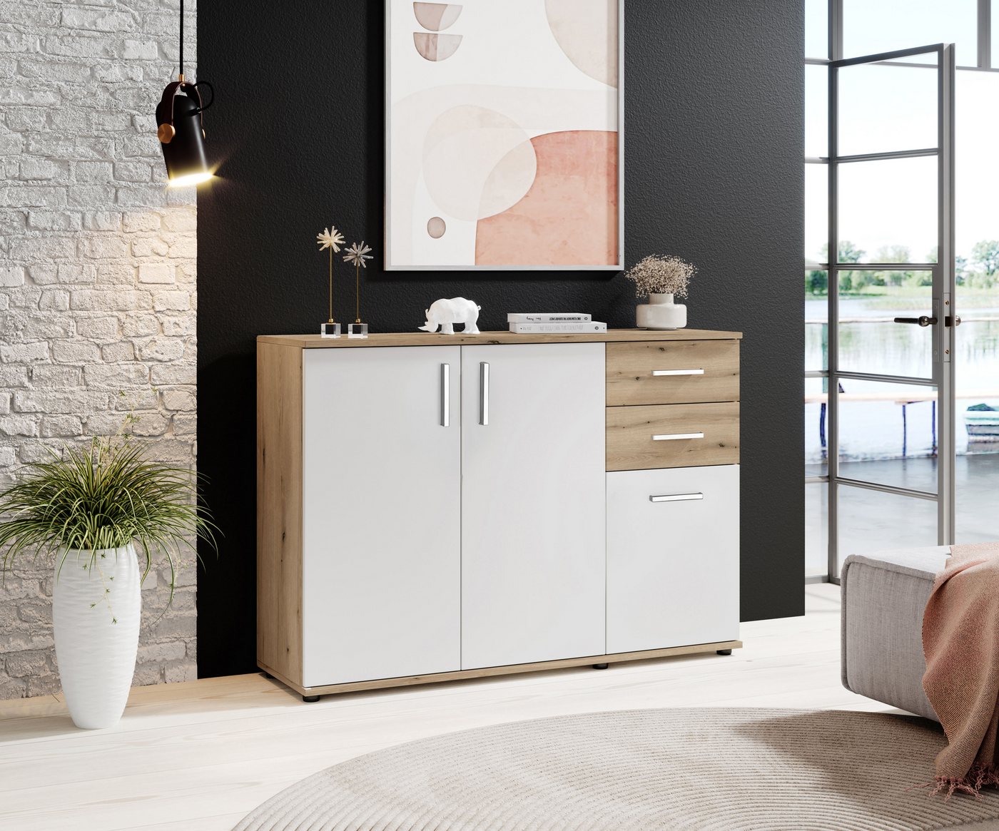 HBZ Kommode BC-Drift-2, Sideboard Stellmaß BxHxT 120x84x35 cm (1 St), Kommode mit 3 Türen, 2 Schubkästen und 1 Einlegeboden