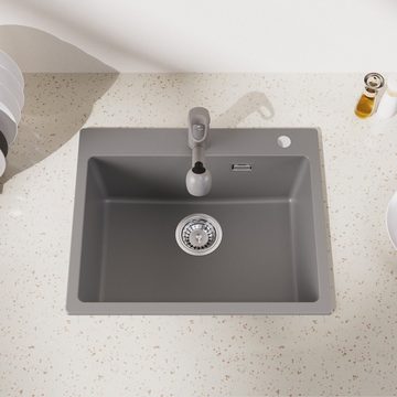 Auralum Granitspüle Küchenspüle Armatur Granit Siphon Einbauspüle Spülbecken Spüle, Granit 55x45 cm, Grau