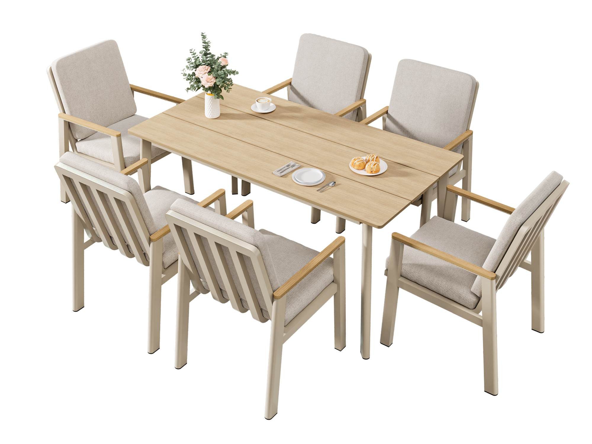 MeXo Gartenlounge-Set Garten Essgruppe für 6 Personen, (Gartenmöbel-Set aus Aluminium, 7-tlg., mit ergonomischen Sesseln inkl. Kissen), Belastbarkeit pro Sitzplatz 140 kg