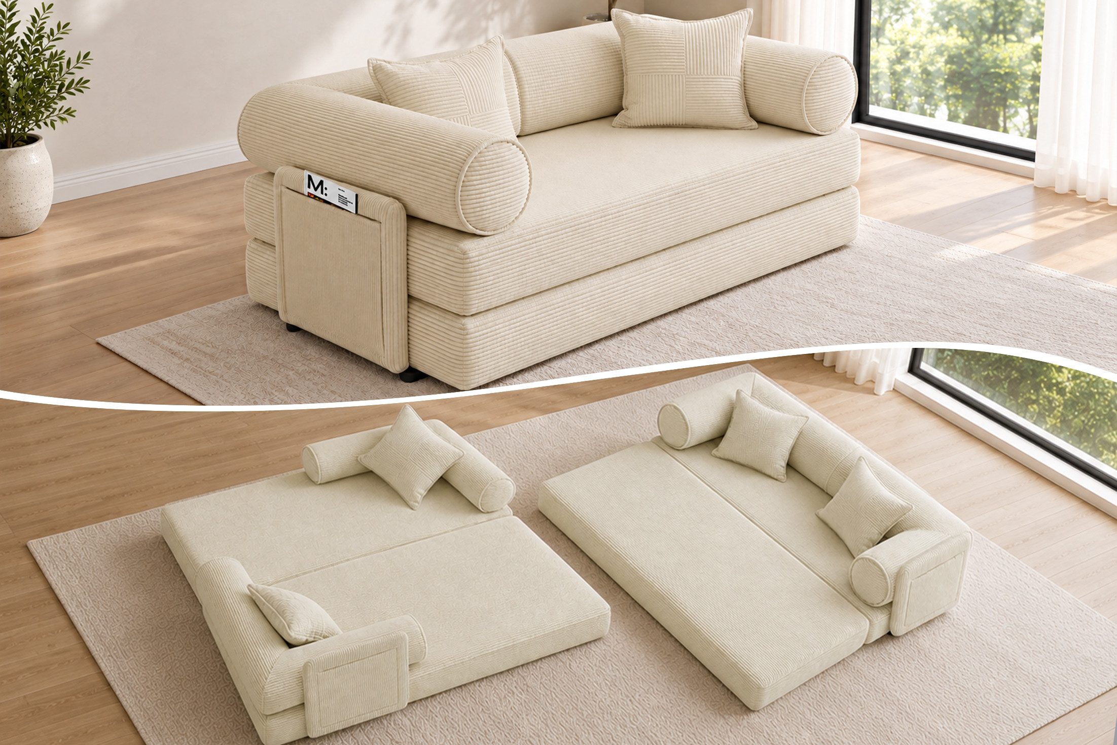 Hoolamyie Sofa 6-in-1 Cord Schlafsofa mit Schlaffunktion, 200 cm breit, 2-Sitzer, Modulares Sofa, ohne Montage, komprimiert verpackt, bis 200 kg