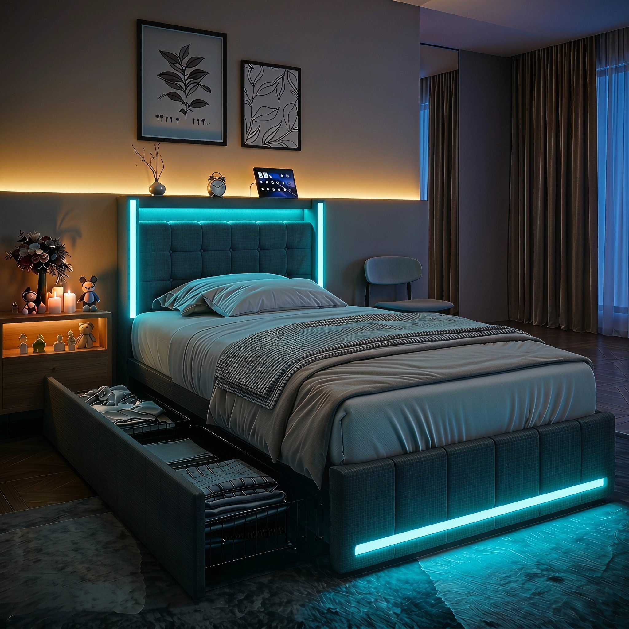 PXloue Polsterbett LED Doppelbett Stauraumbett, mit USB-Laden und Stauraum am Kopfteil,Leinen,90x200 cm