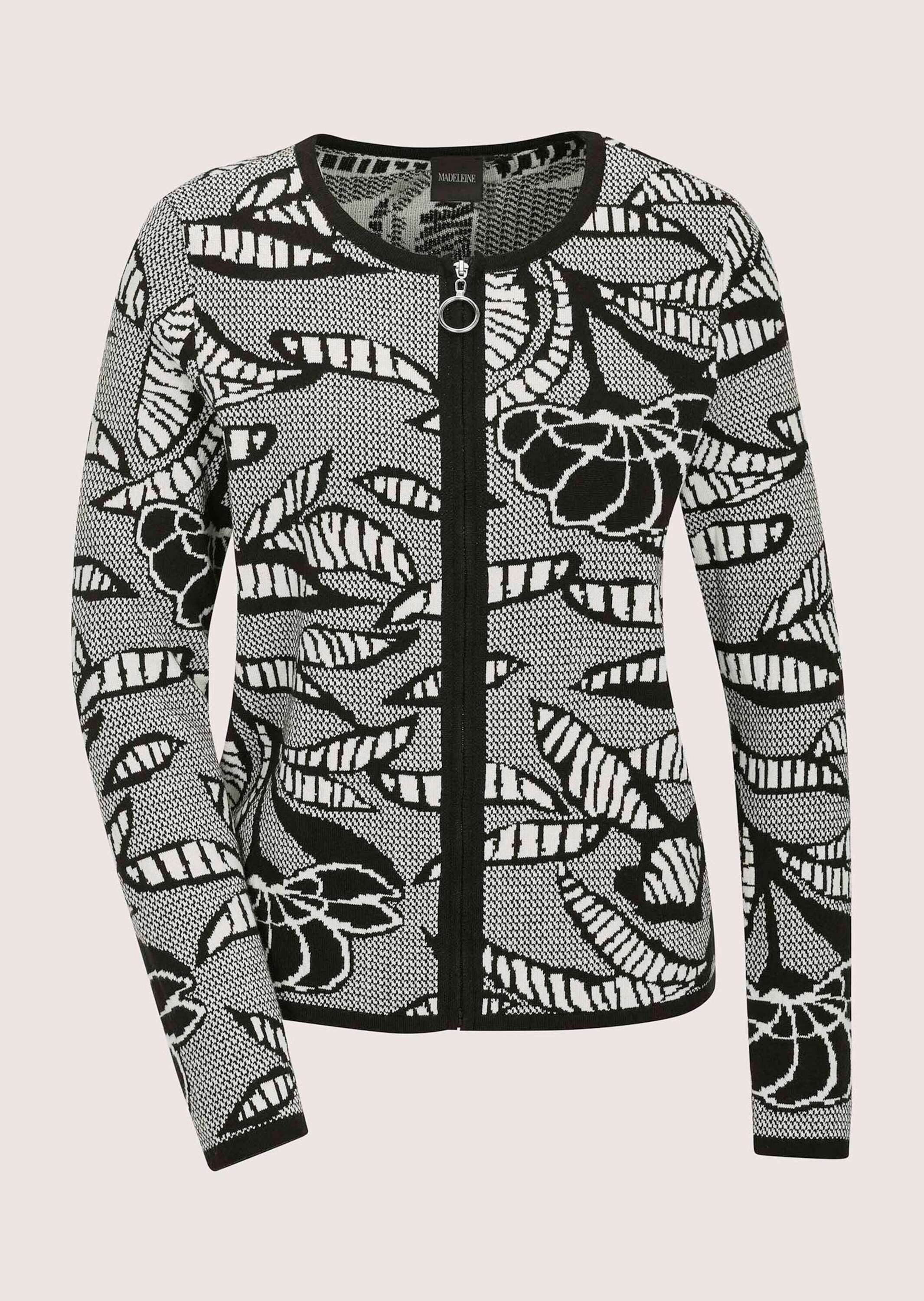 MADELEINE Strickjacke Elegante Jacke im Jacquard-Feinstrick, Musterung Kontrastreiche Strickjacke mit Jacquard-Muster, Rundhalsausschnitt