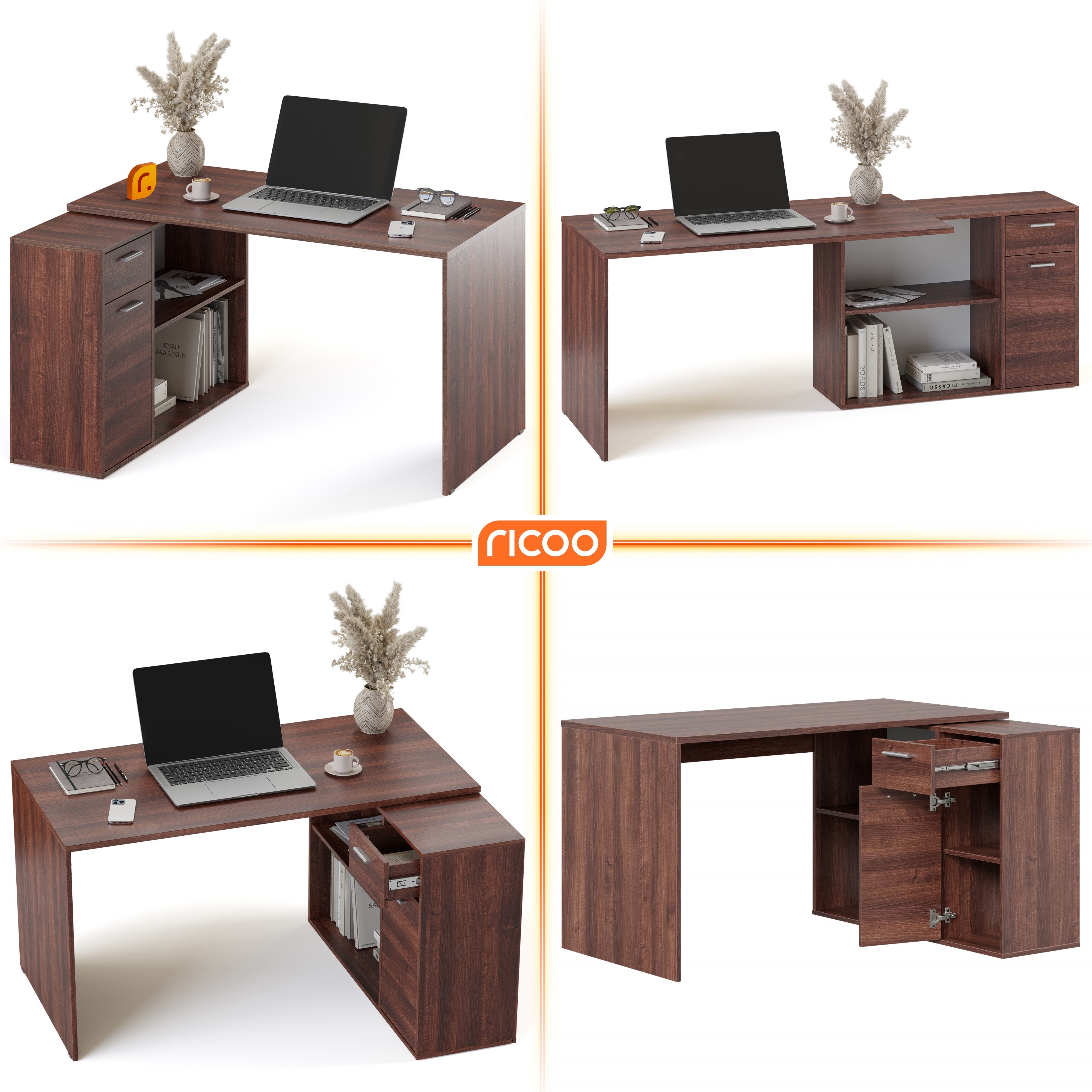 RICOO Eckschreibtisch WM083-OW (1-St), Schreibtisch Bürotisch Ecke für Kinder & Erwachsene klein in L Form