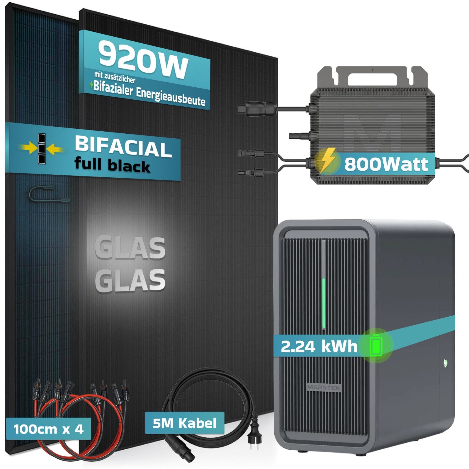 SUNNIVA Balkonkraftwerk 920W mit 2,24 kWh Speicher Marstek B2500-D, (BIFAZIAL FULLBLACK komplett Steckdose, PV Solaranlage Komplettset mit Solarspeicher, 2x 460W N-Type Glas-Glas Bifacial Module)