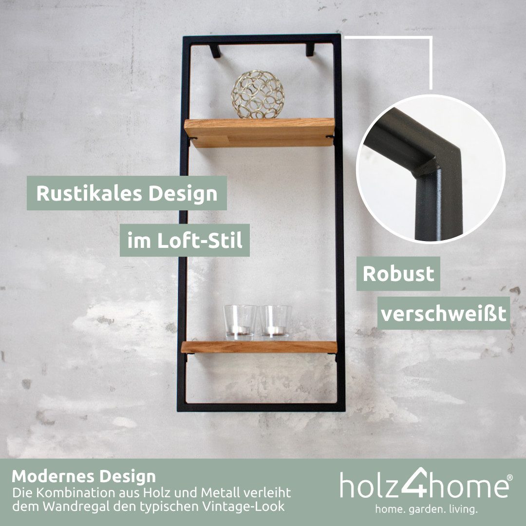 holz4home® Wandregal Natur Eiche mit Metallrahmen Schwarz I Mit Baumkante, Industrial Schweberegal