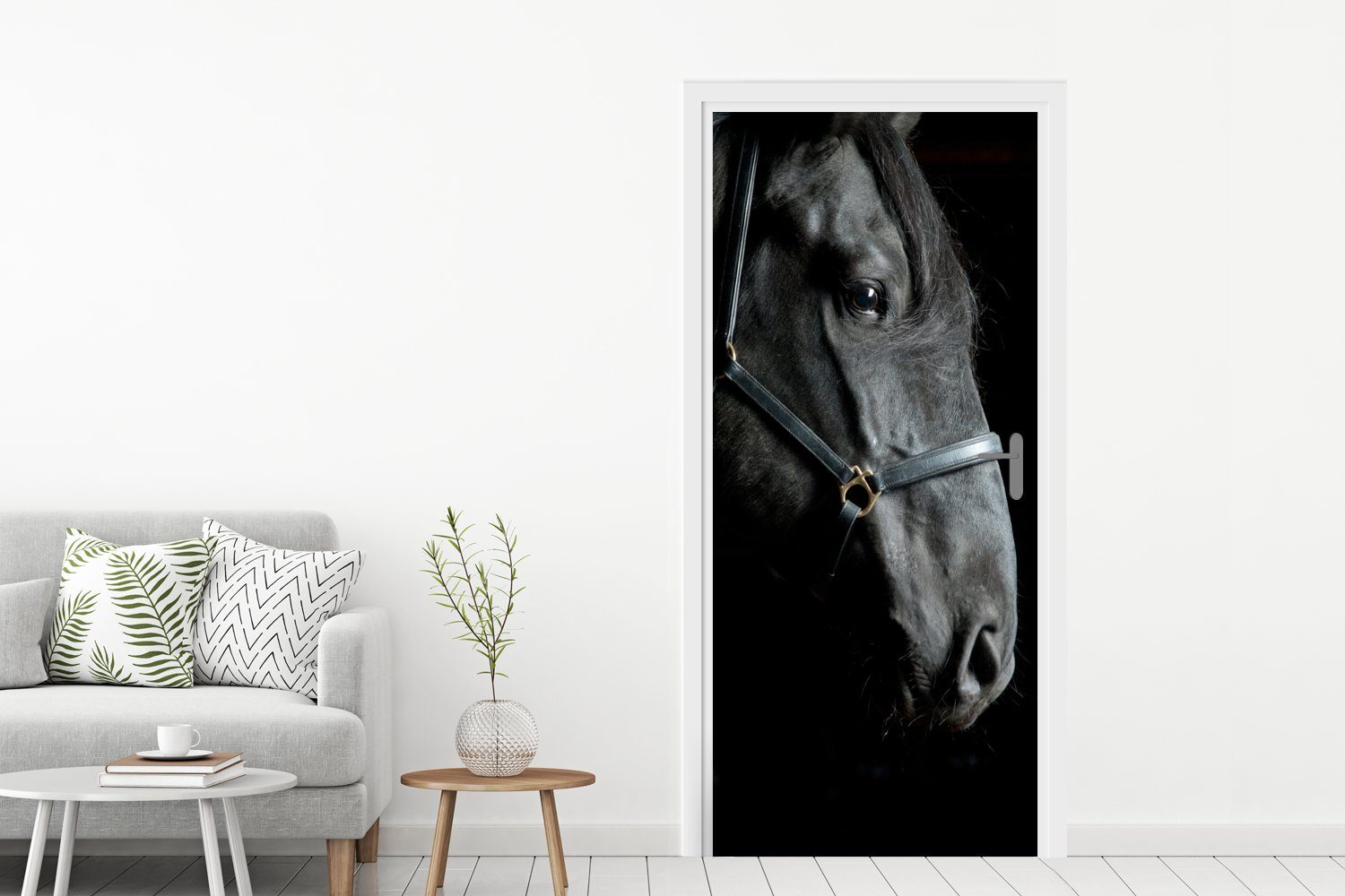 MuchoWow Türtapete Pferd 75x205 (1 cm Leicht St), bedruckt, Schwarz, - Fototapete für Tür, Türaufkleber, - Matt