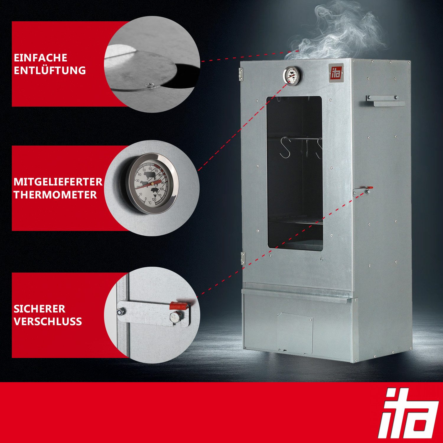 ITA Räucherofen Räucherofen 7000 - Premium Räucherschrank mit 3 Etagen, 1-St., Legierter Stahl, Sichtfenster & Thermometer - Qualität Made In EU