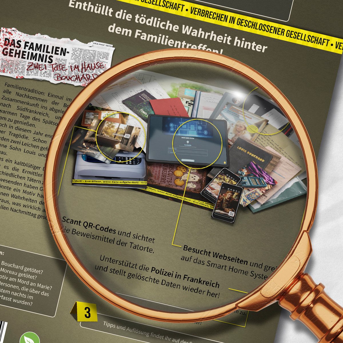 MAGNIFICUM Spiel Detektivspiel / Krimispiel für Erwachsene, Das Familiengeheimnis - Zwei Tote im Hause Bouchard, Made in Germany