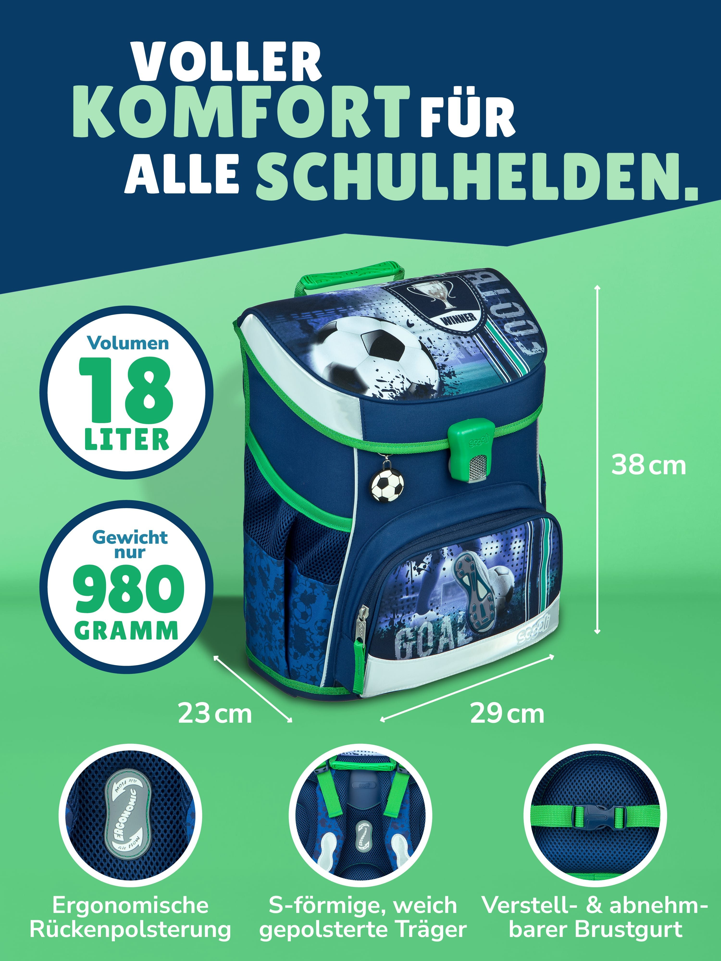 Scooli Schulranzen CampusFit Fussball Schultasche 1.-4. Klasse (Set, 5-tlg., inkl. Federmappe), FOOTBALL Fussball