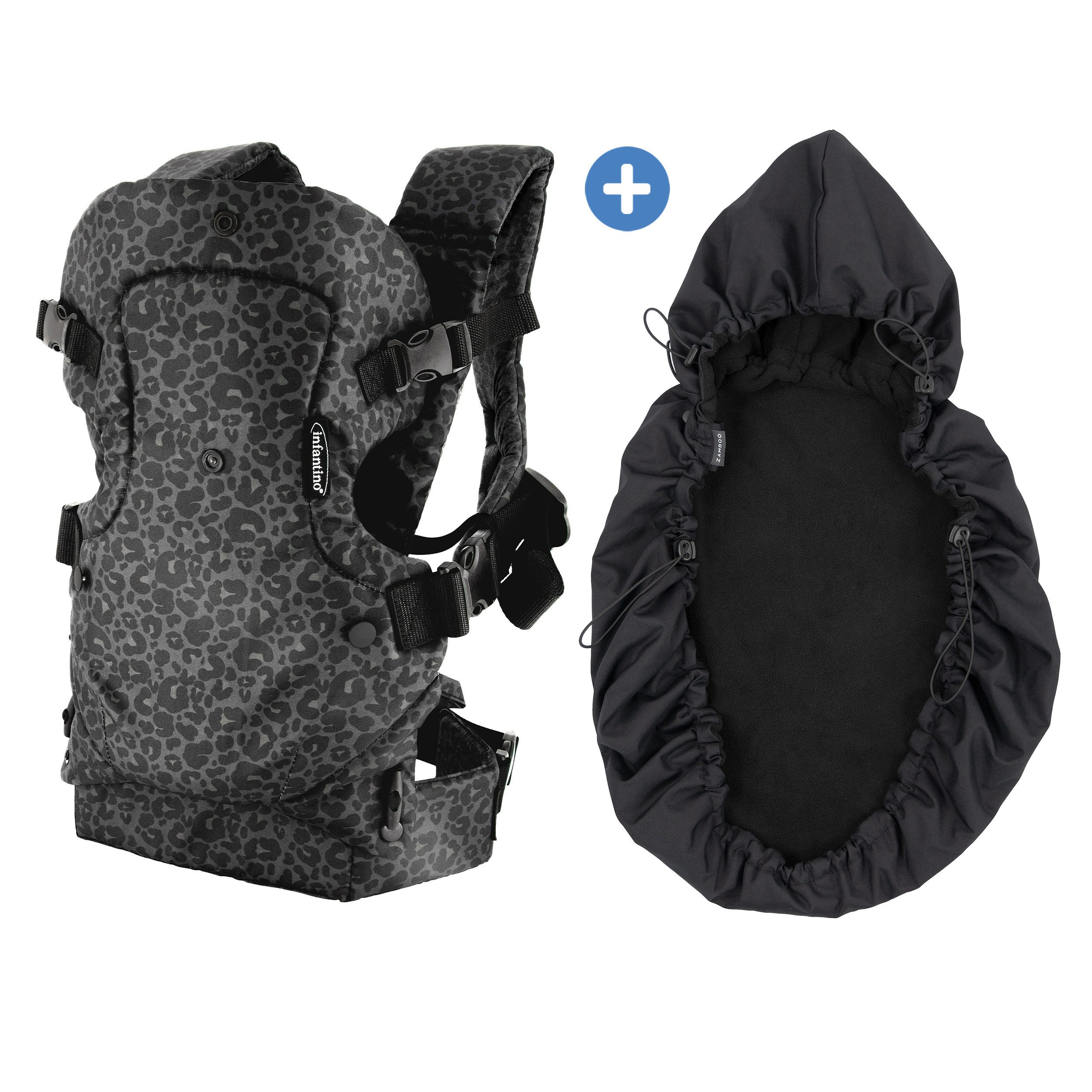 Infantino BKids Babytrage Flip Advanced - Leopard Black Print, Baby Bauchtrage Rückentrage ab Geburt von 3,6-14,5 kg mit Regenschutz