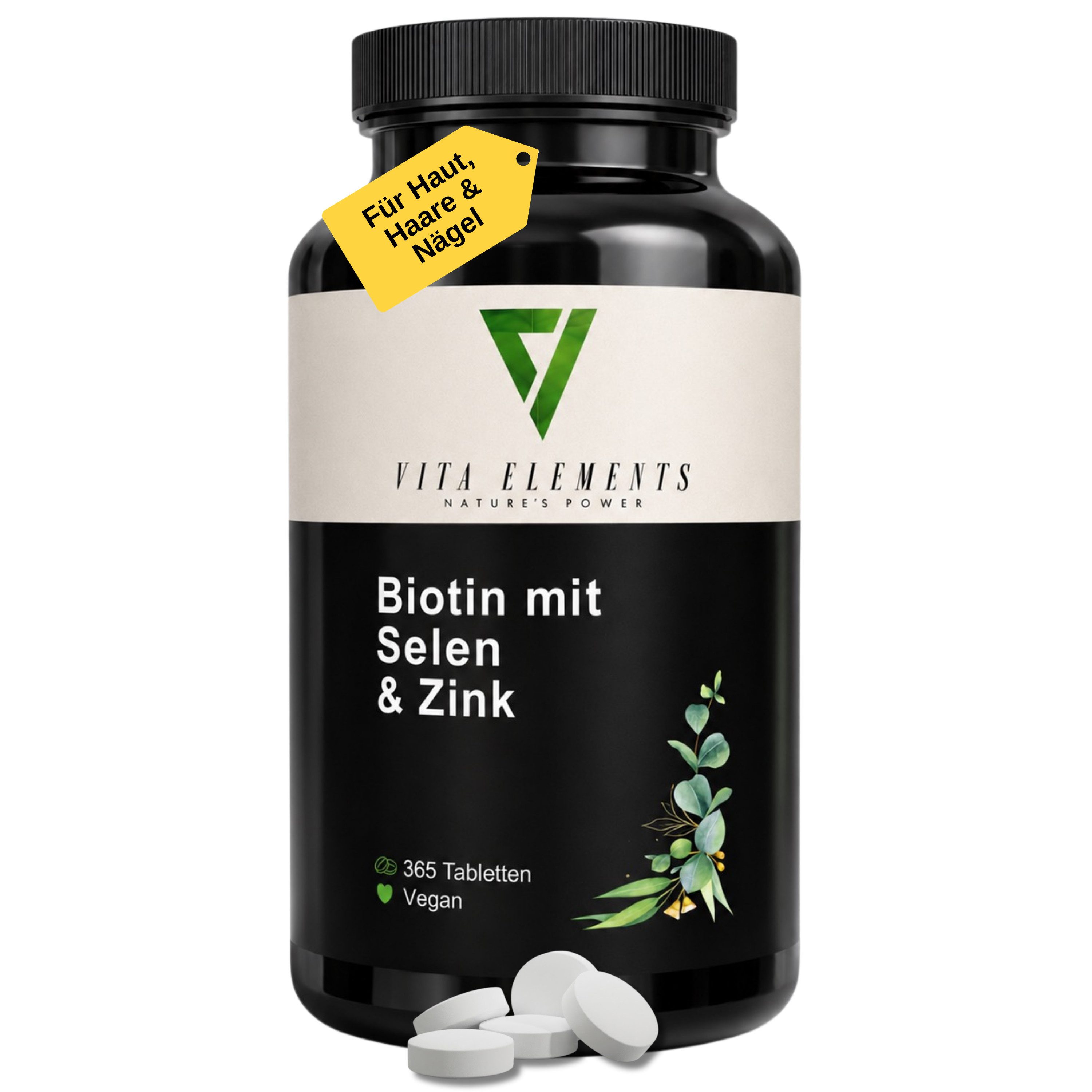 Vita Elements Biotin mit Selen & Zink Tabletten, 365 St., Vegan Frei von Gentechnik Ohne unnötige Zusätze Laborgeprüft
