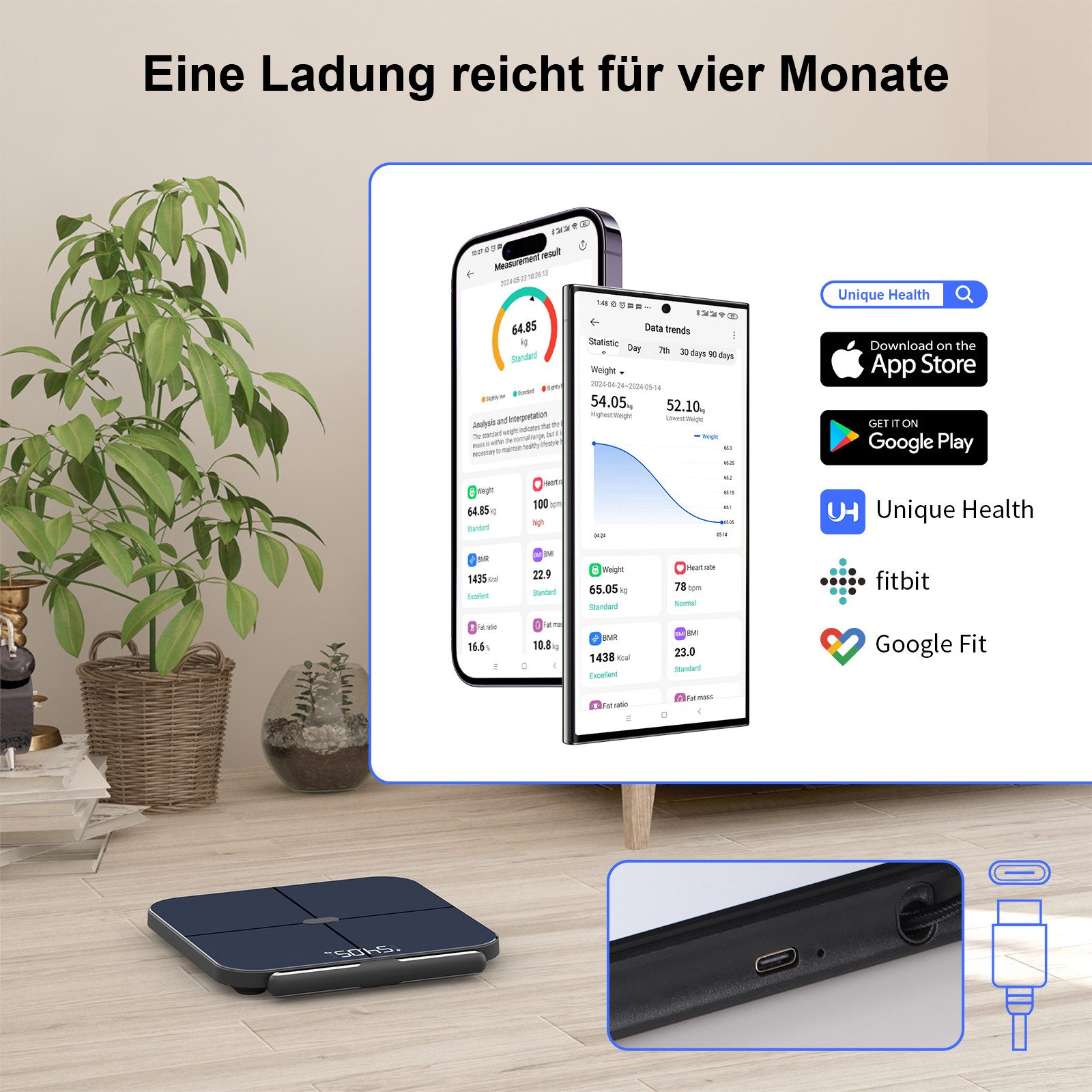 Healthkeep Körper-Analyse-Waage Smartwaage mit 8 Elektroden 56 Präzise Körpermessungen WiFi /Bluetooth, ITO-Panel USB-C Aufladung, App für Android & iOS, bis 18 – Bild 4 von 5