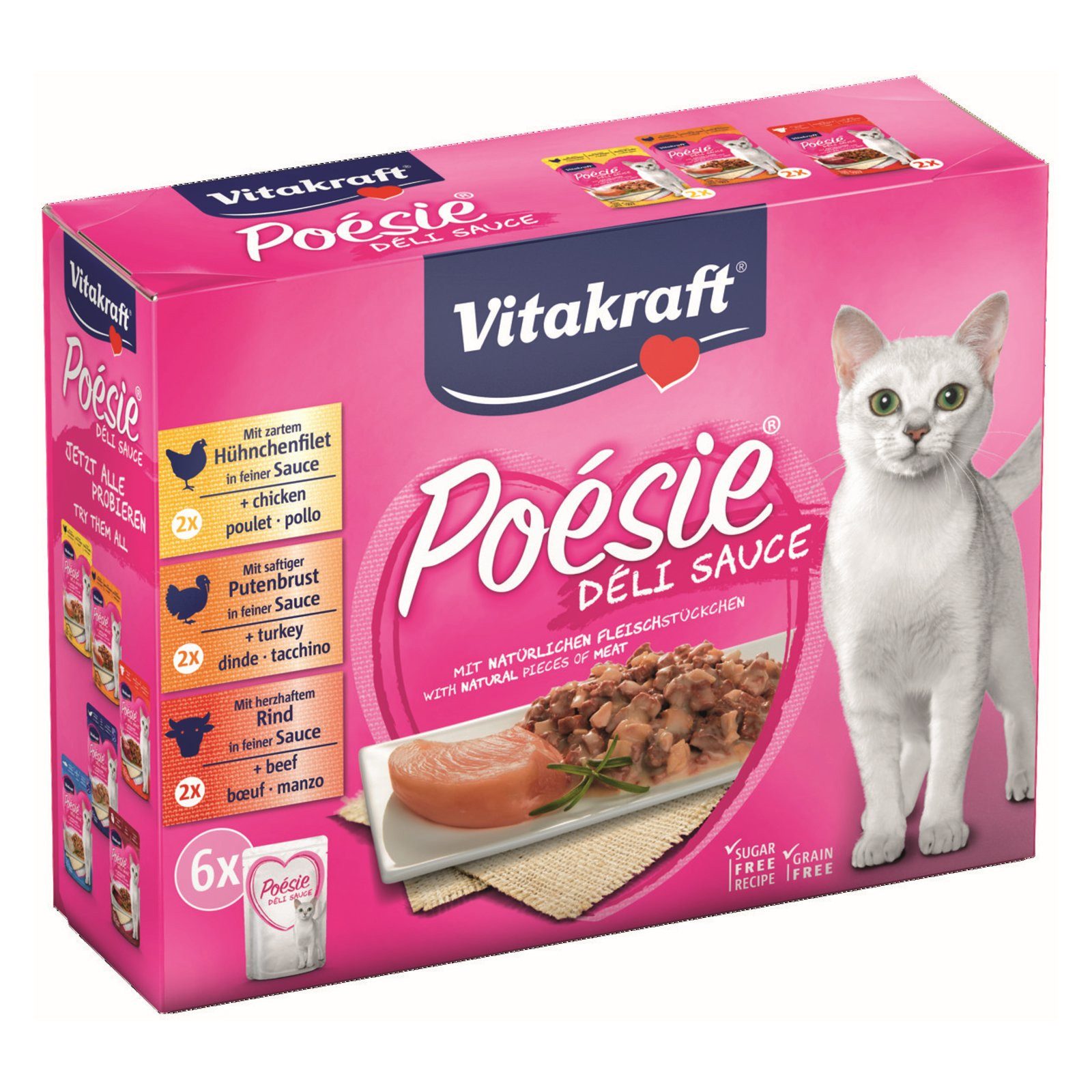 Vitakraft Katzenfutter Poesie DeliSauce, Multipack Fleisch, 6 Beutel, Nassfutter für: Katzen von Vitakraft