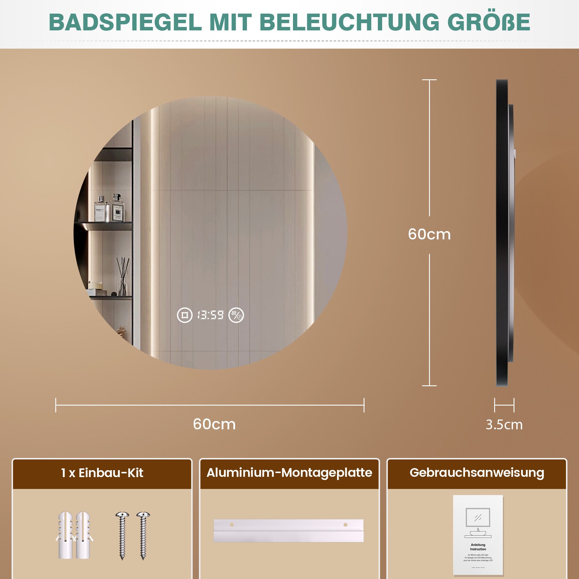 PESENXAN Badspiegel mit Beleuchtung, Runder LED-Badezimmerspiegel günstig online kaufen