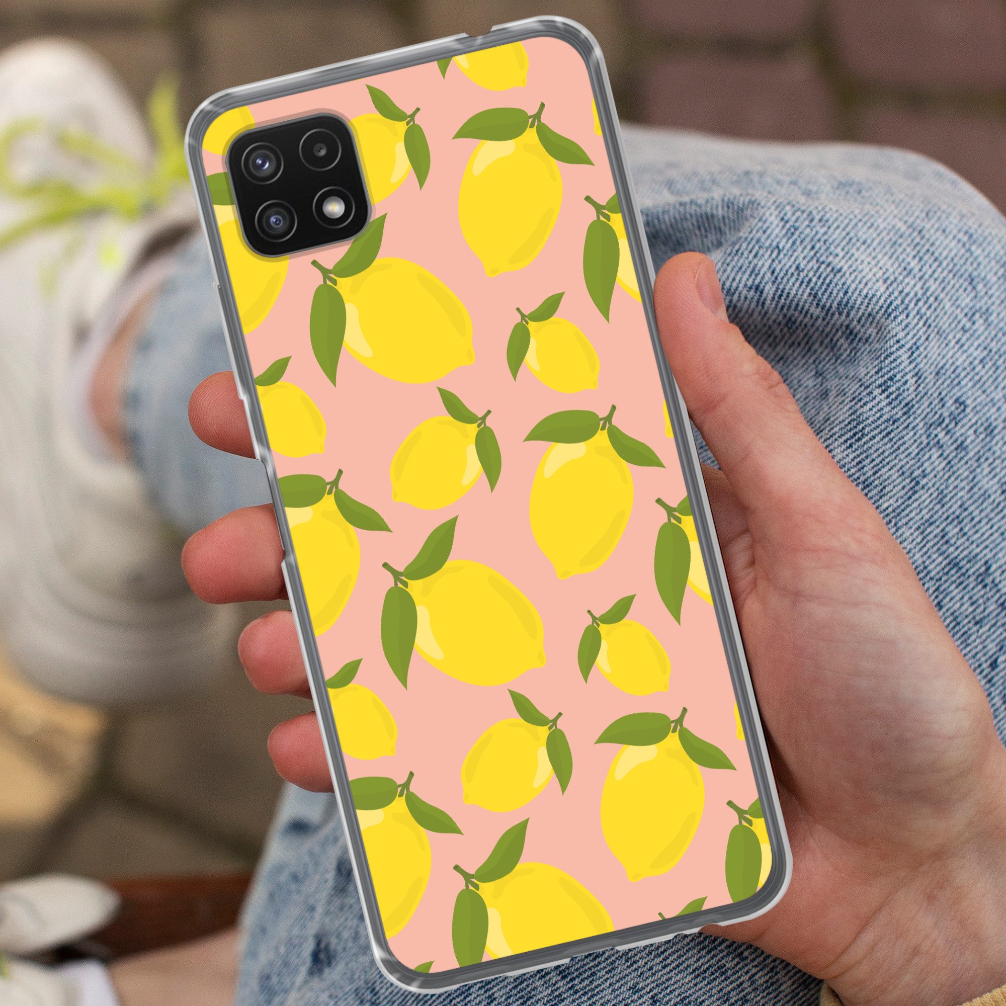 MuchoWow Handyhülle für Samsung Galaxy A22 5G Zitronen - Gelb - Rosa - Muster - Obst, Smartphone-Bumper, Print, Handy Schutzhülle Dünn