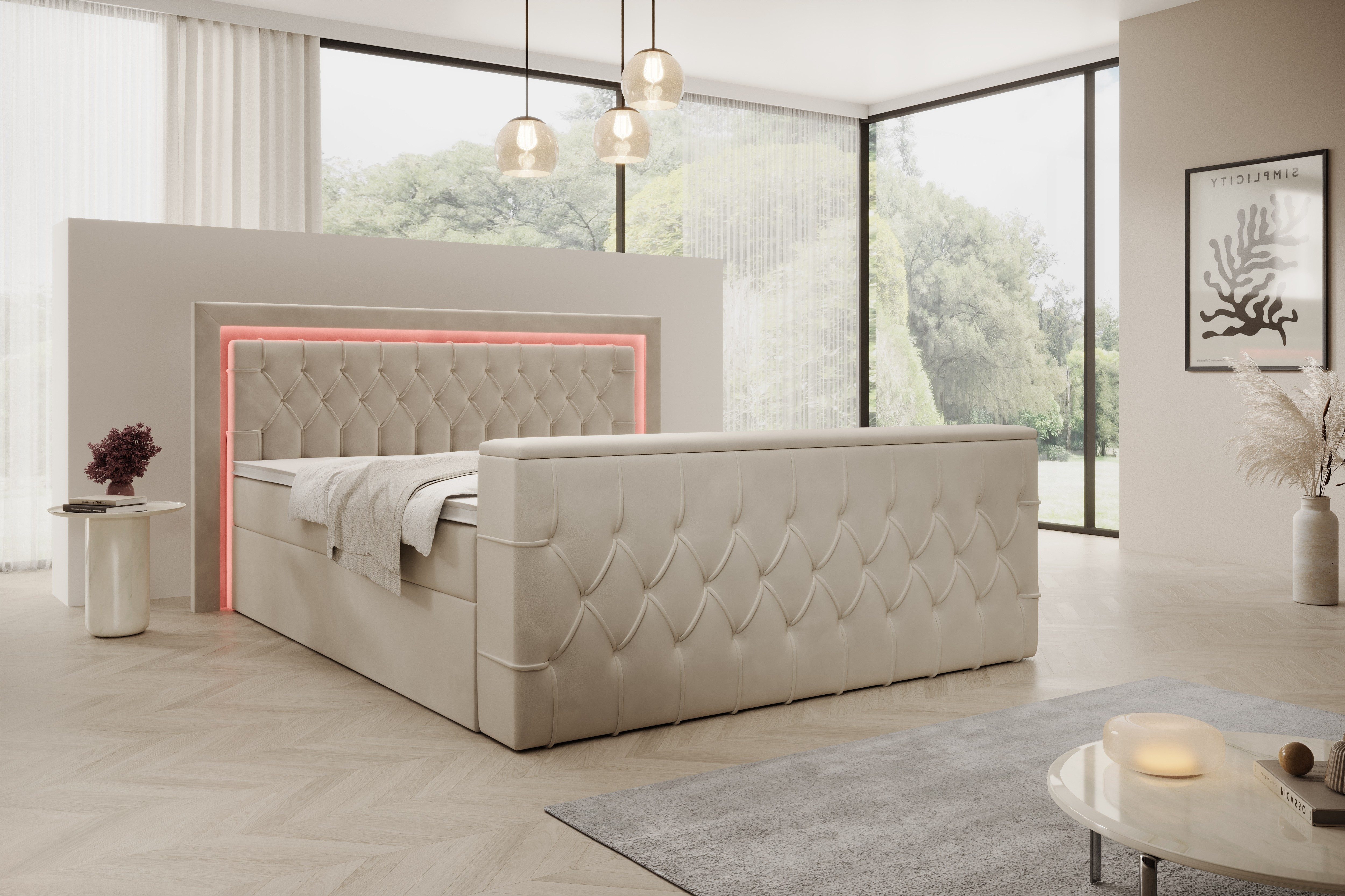 PROMETO Möbel Boxspringbett Doppelbett 180x200cm mit Matratze, Bettkasten TV-Lift LED Beleuchtung