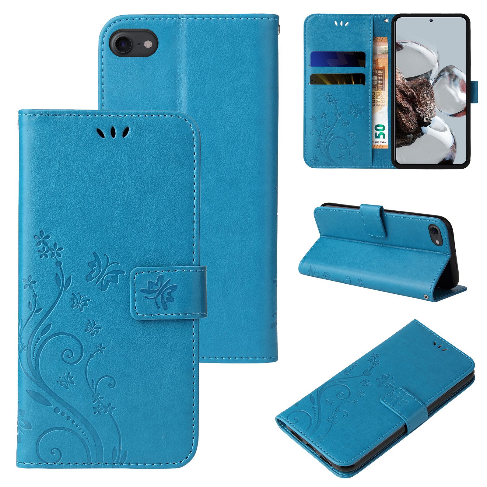 Tec-Expert Handyhülle Cover Tasche Hülle für Apple iPhone 7 / 8 / SE (2020) 4,7 Zoll, Klapphülle Case mit Kartenfach Fliphülle aufstellbar, Motiv Blumen