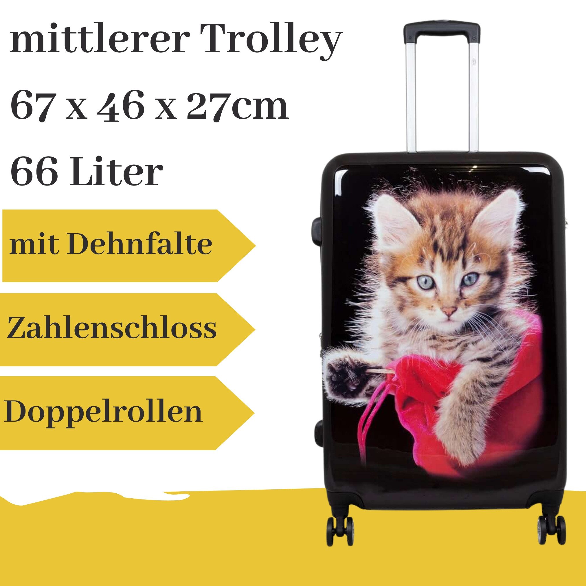 MONOPOL® Hartschalen-Trolley mittlerer Hartschalentrolley Katze schwarz, 66 Liter
