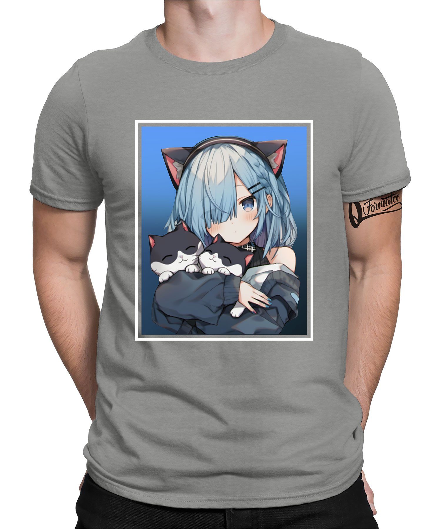Heather Anime Ästhetik Herren (1-tlg) Grau Katze Quattro Formatee - T-Shirt Girl Kurzarmshirt